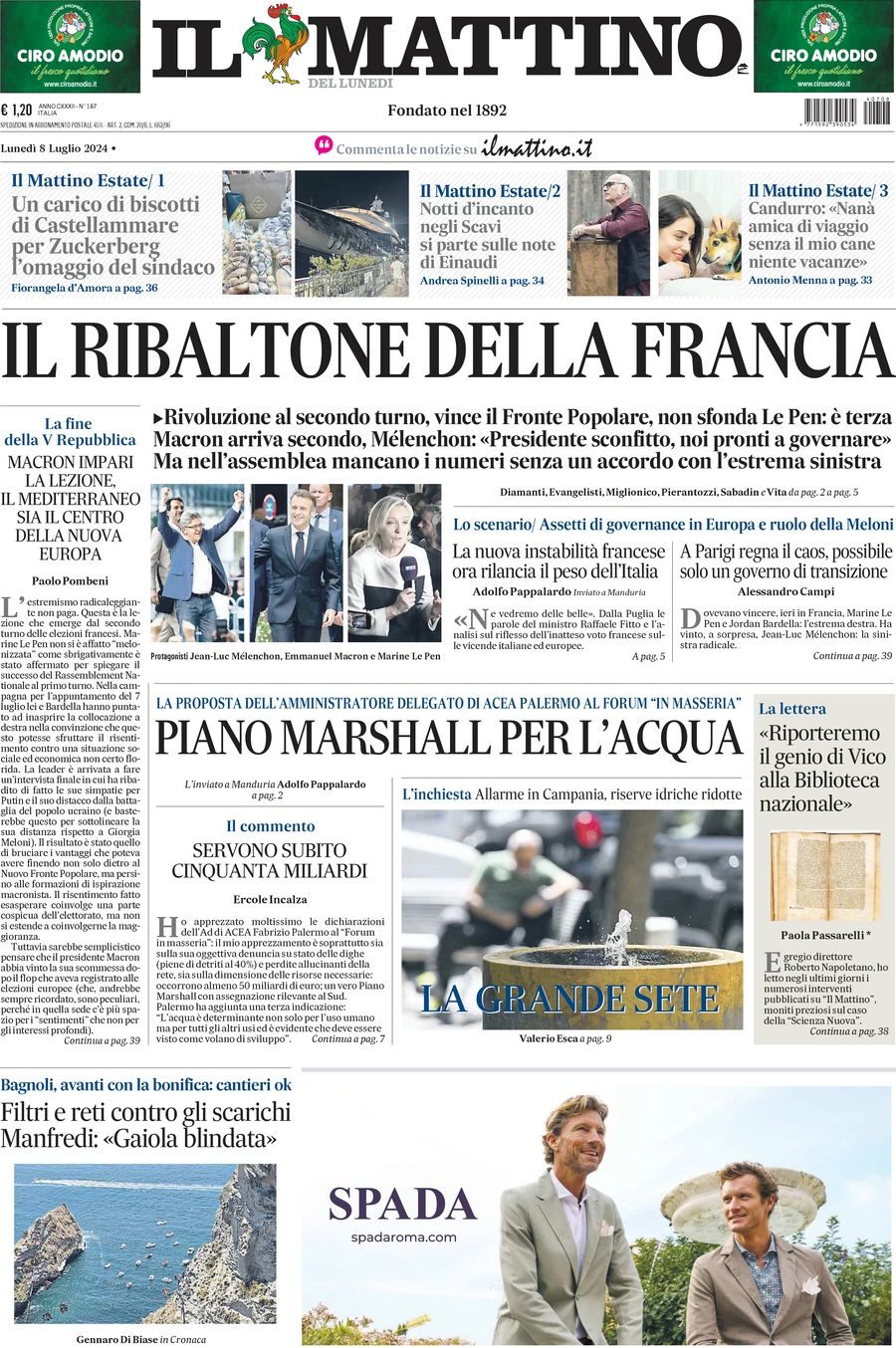 anteprima della prima pagina di il-mattino del 08/07/2024