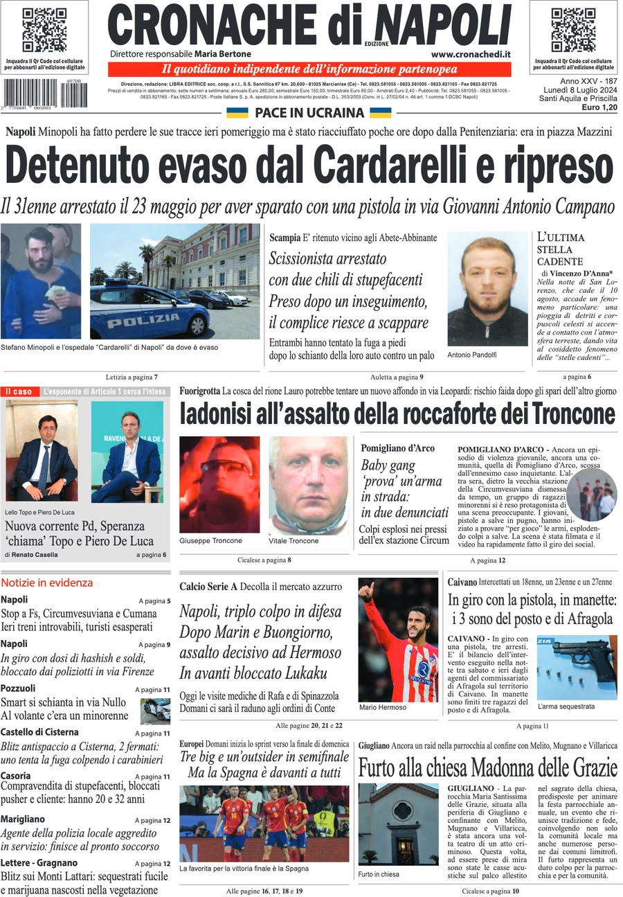 anteprima della prima pagina di cronache-di-napoli del 08/07/2024