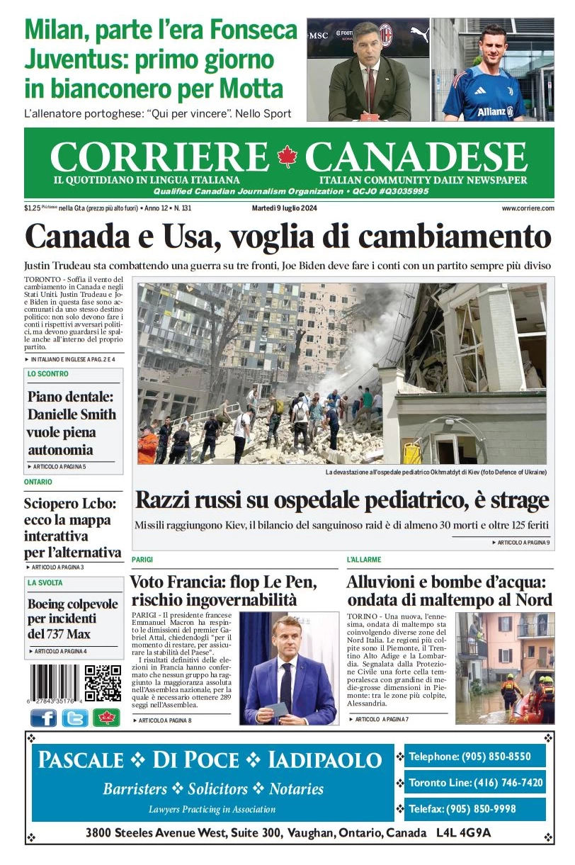 anteprima della prima pagina di corriere-canadese del 09/07/2024