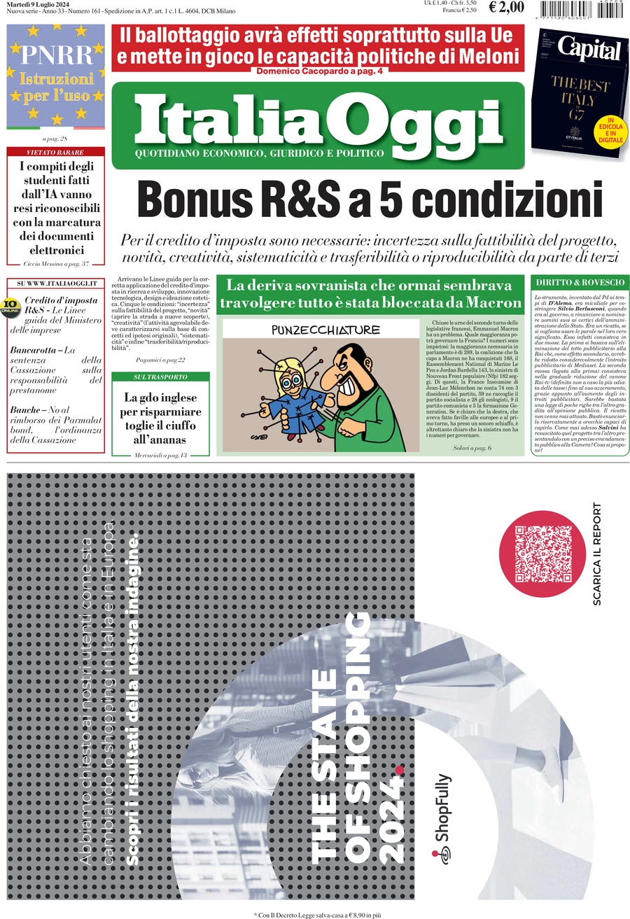 anteprima della prima pagina di italiaoggi del 09/07/2024