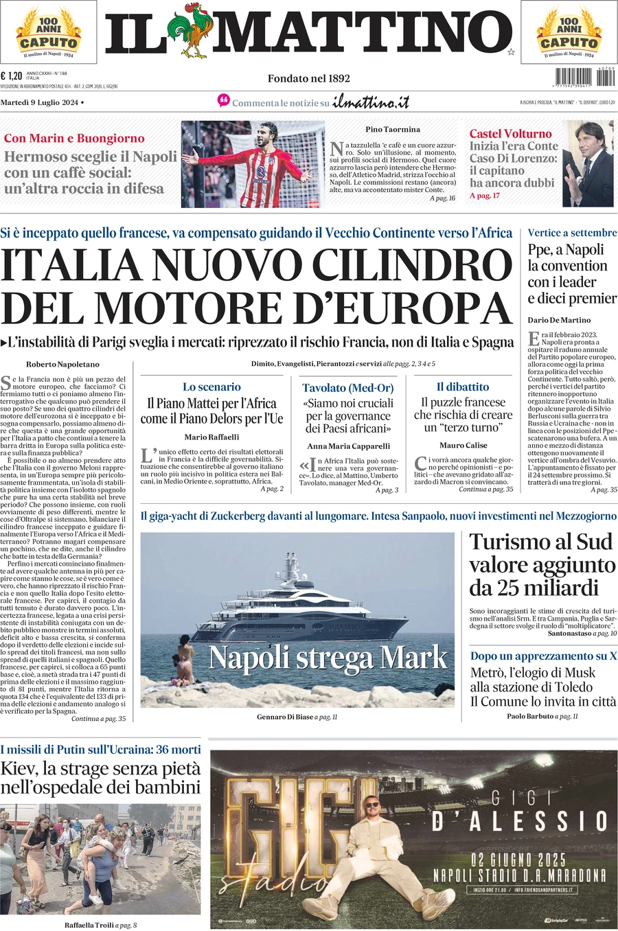 anteprima della prima pagina di il-mattino del 09/07/2024