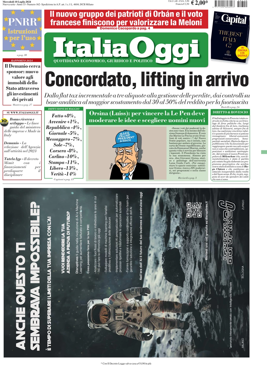 anteprima della prima pagina di italiaoggi del 10/07/2024