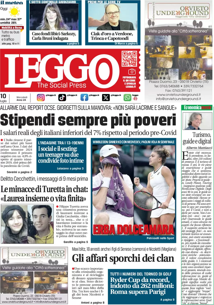 anteprima della prima pagina di leggo-roma del 10/07/2024