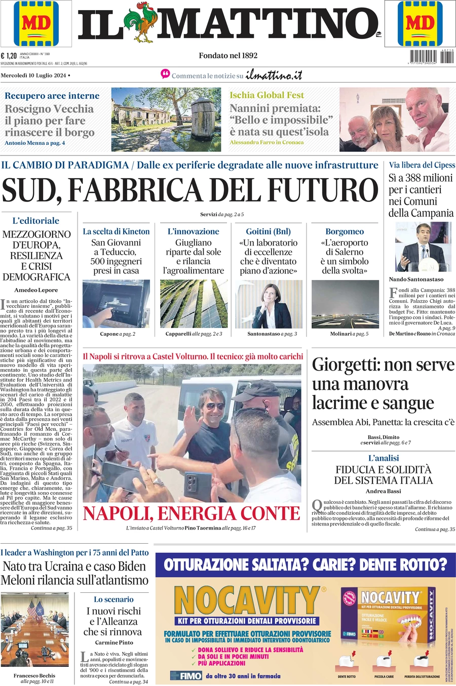 anteprima della prima pagina di il-mattino del 10/07/2024