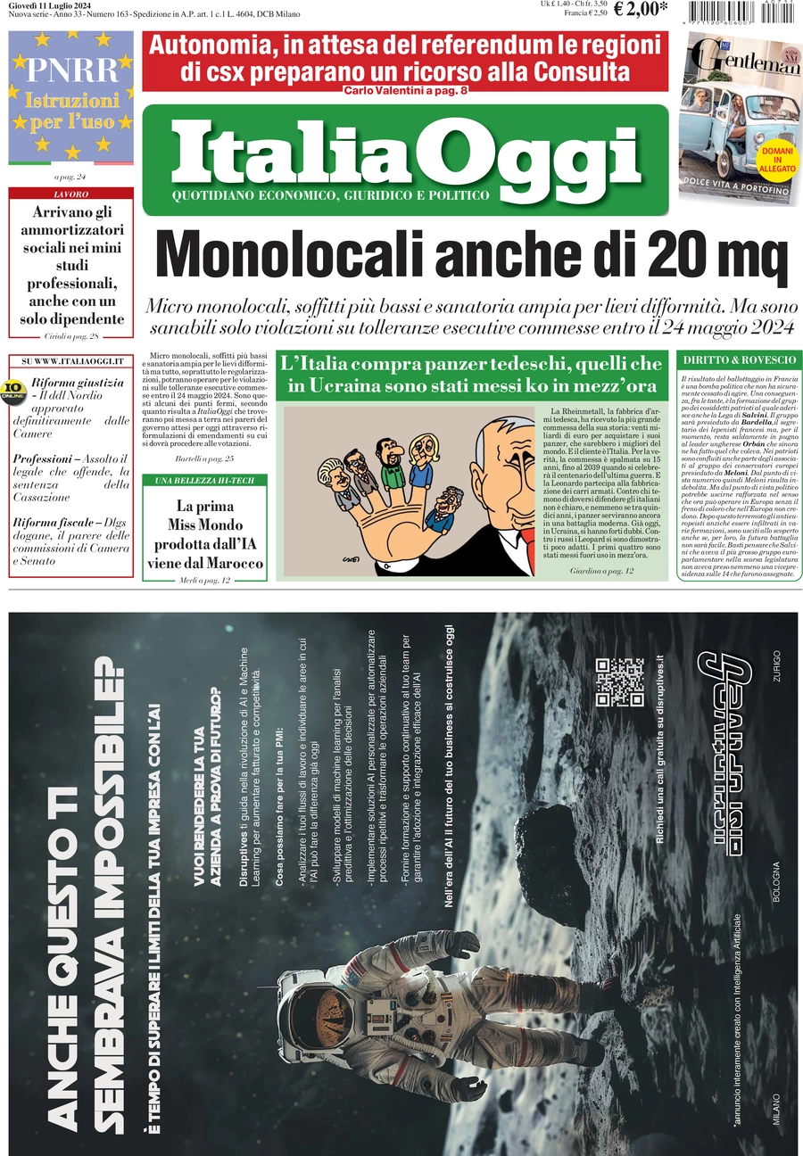 anteprima della prima pagina di italiaoggi del 11/07/2024