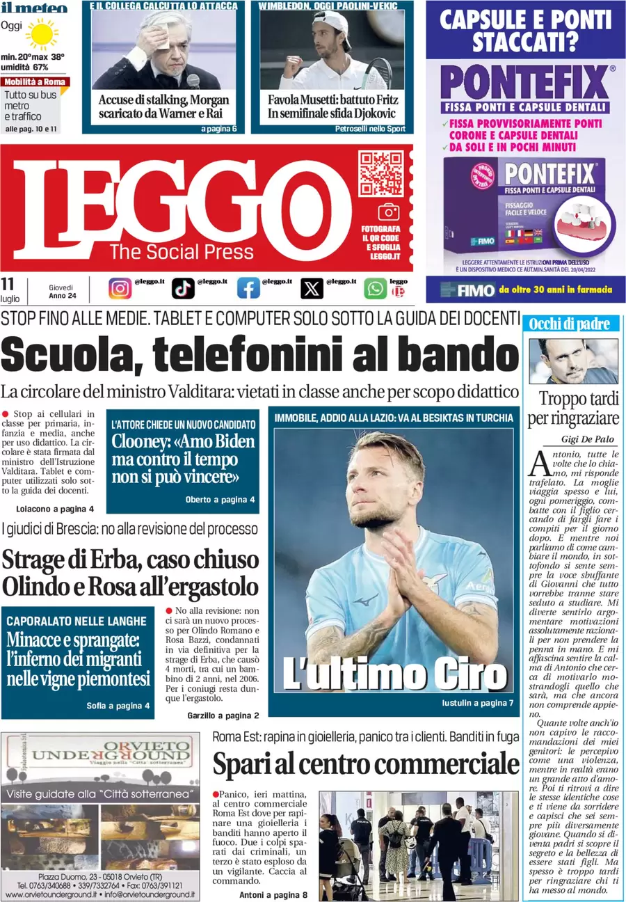 anteprima della prima pagina di leggo-roma del 11/07/2024