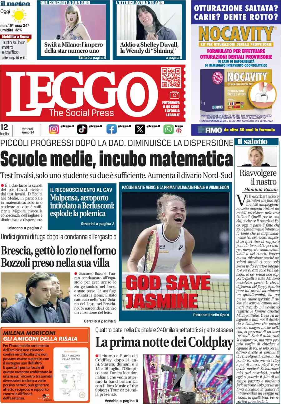 anteprima della prima pagina di leggo-roma del 12/07/2024