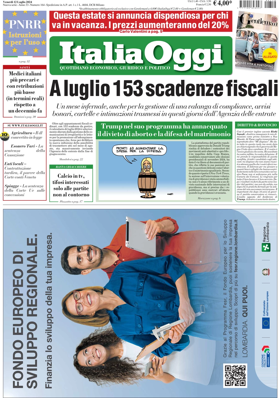 anteprima della prima pagina di italiaoggi del 12/07/2024