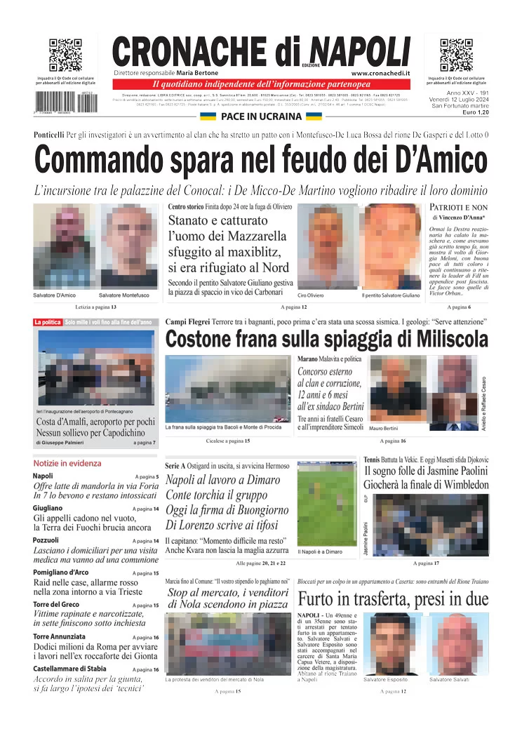 anteprima della prima pagina di cronache-di-napoli del 12/07/2024