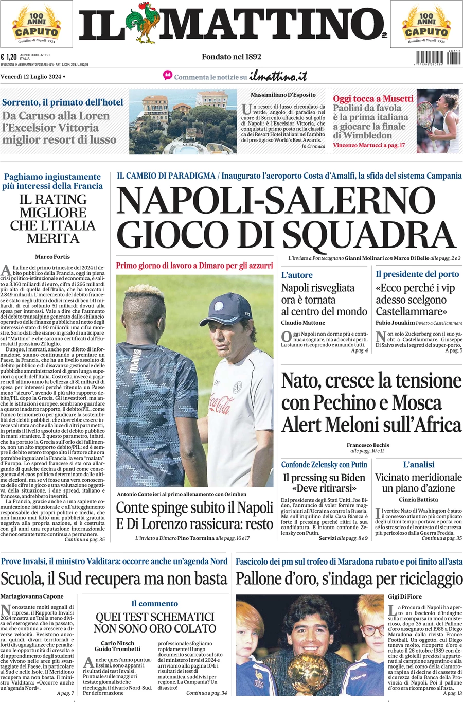 anteprima della prima pagina di il-mattino del 12/07/2024