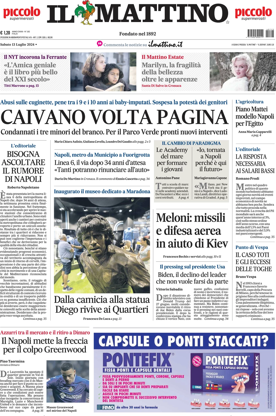 anteprima della prima pagina di il-mattino del 13/07/2024