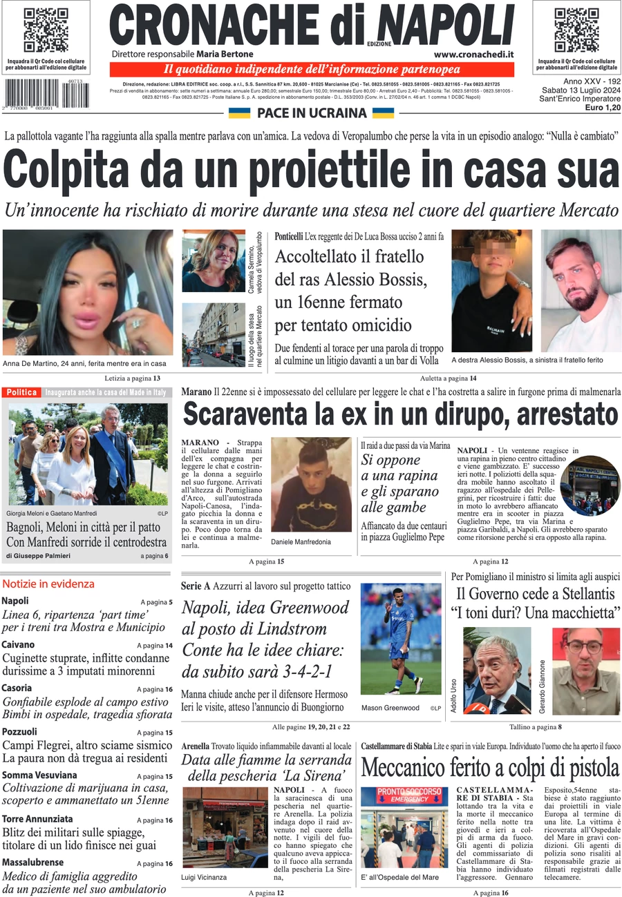 anteprima della prima pagina di cronache-di-napoli del 13/07/2024