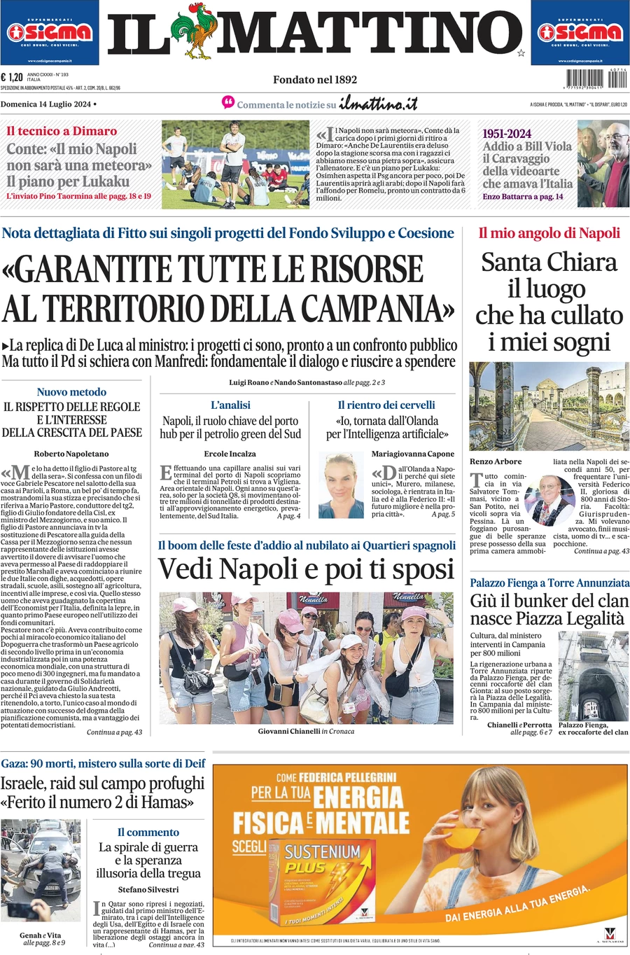 anteprima della prima pagina di il-mattino del 14/07/2024