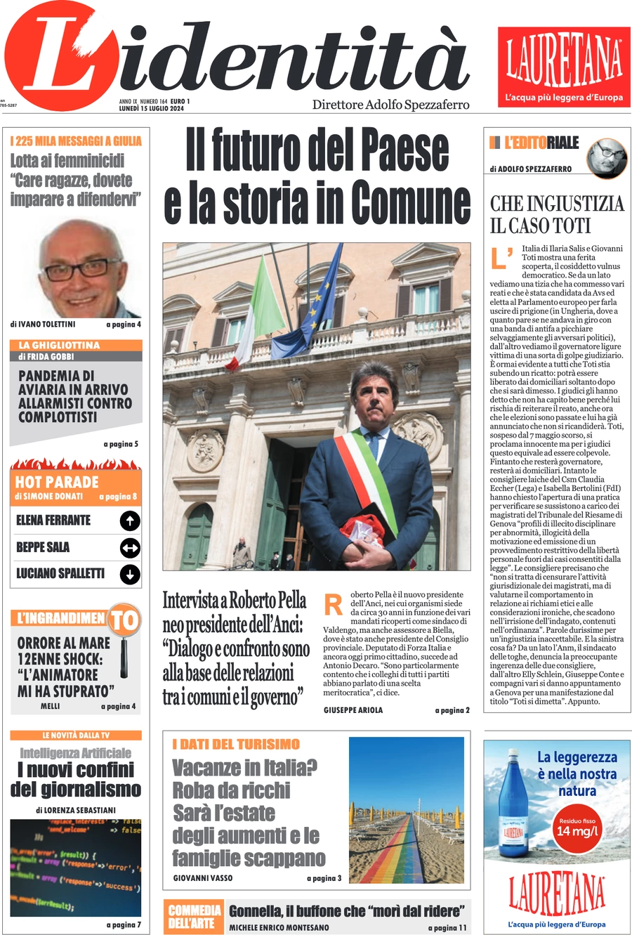 anteprima della prima pagina di lidentit del 14/07/2024