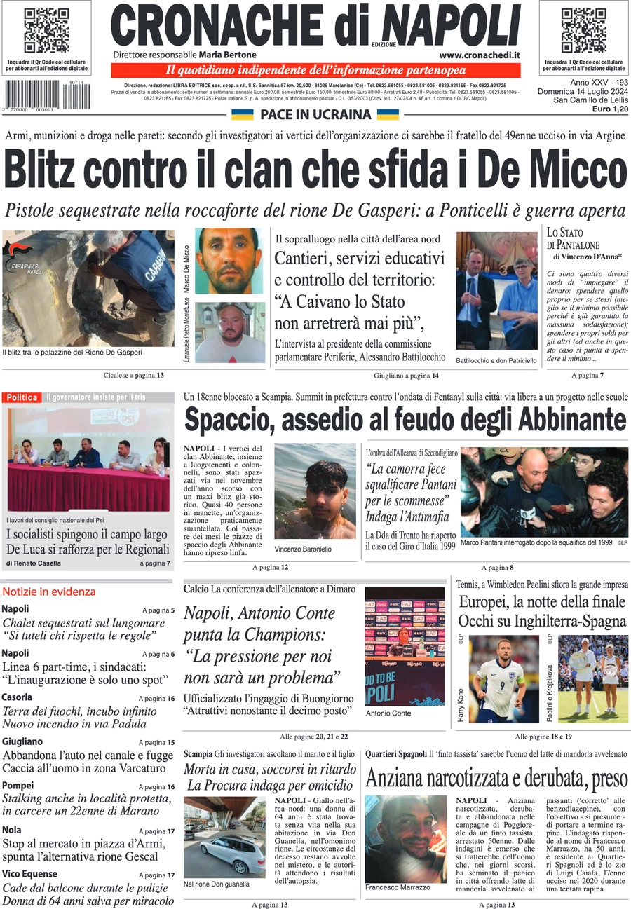 anteprima della prima pagina di cronache-di-napoli del 14/07/2024