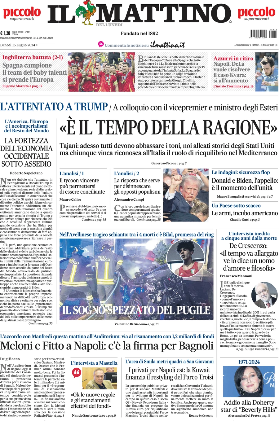 anteprima della prima pagina di il-mattino del 15/07/2024