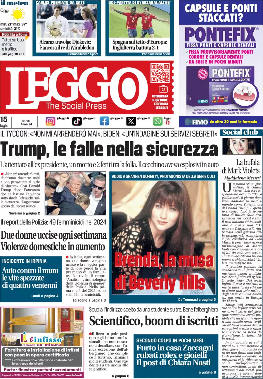 anteprima della prima pagina di leggo-roma del 15/07/2024