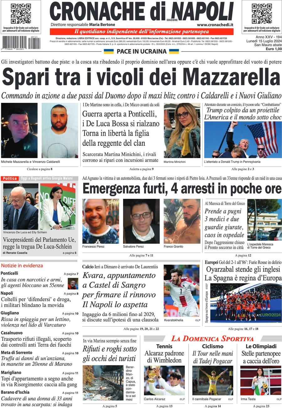 anteprima della prima pagina di cronache-di-napoli del 15/07/2024