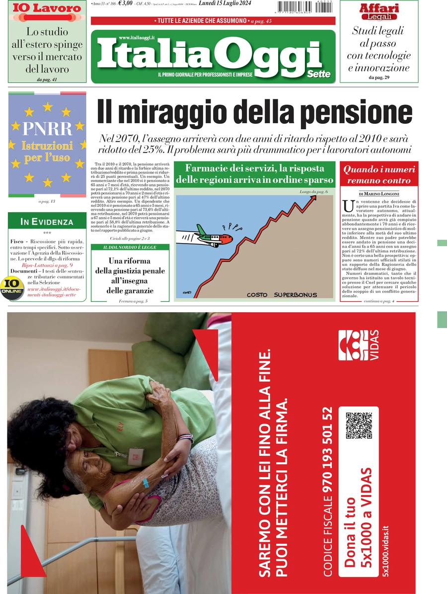 anteprima della prima pagina di italiaoggi del 15/07/2024