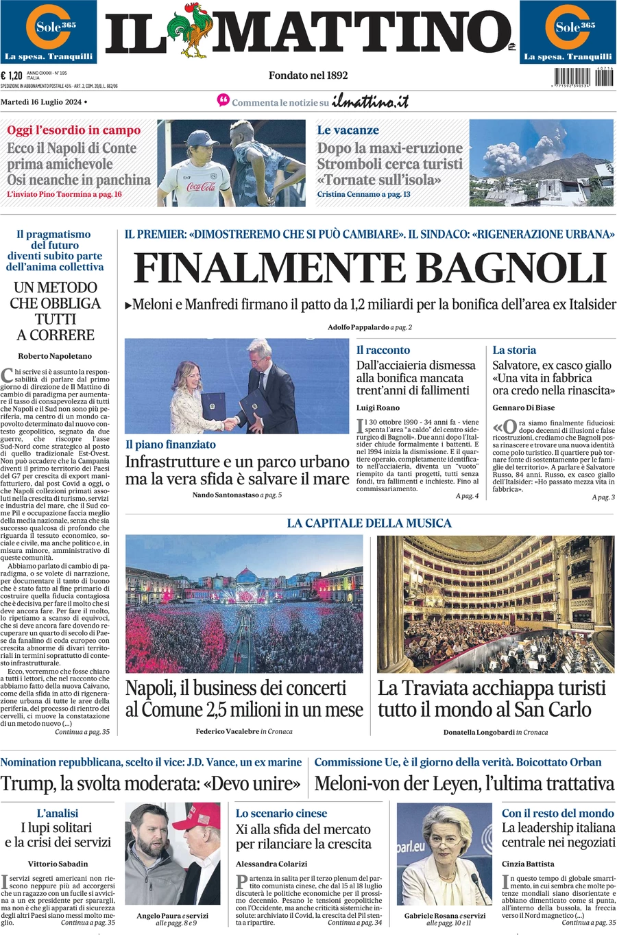 anteprima della prima pagina di il-mattino del 16/07/2024