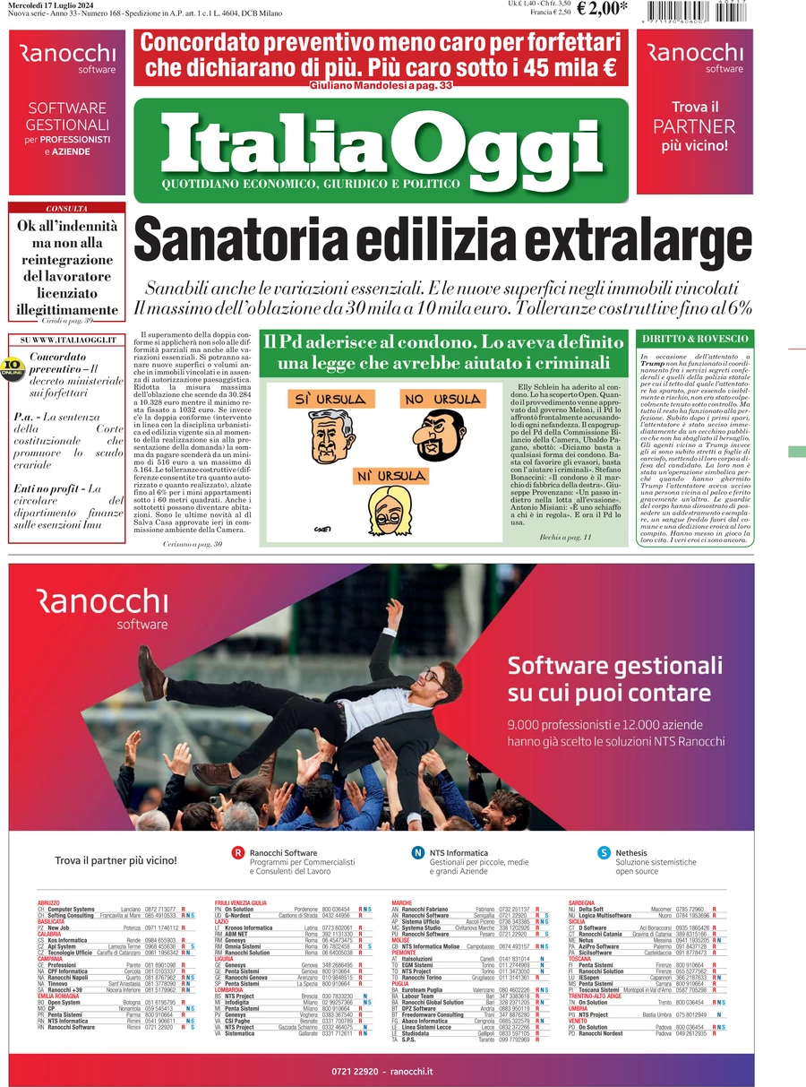 anteprima della prima pagina di italiaoggi del 17/07/2024