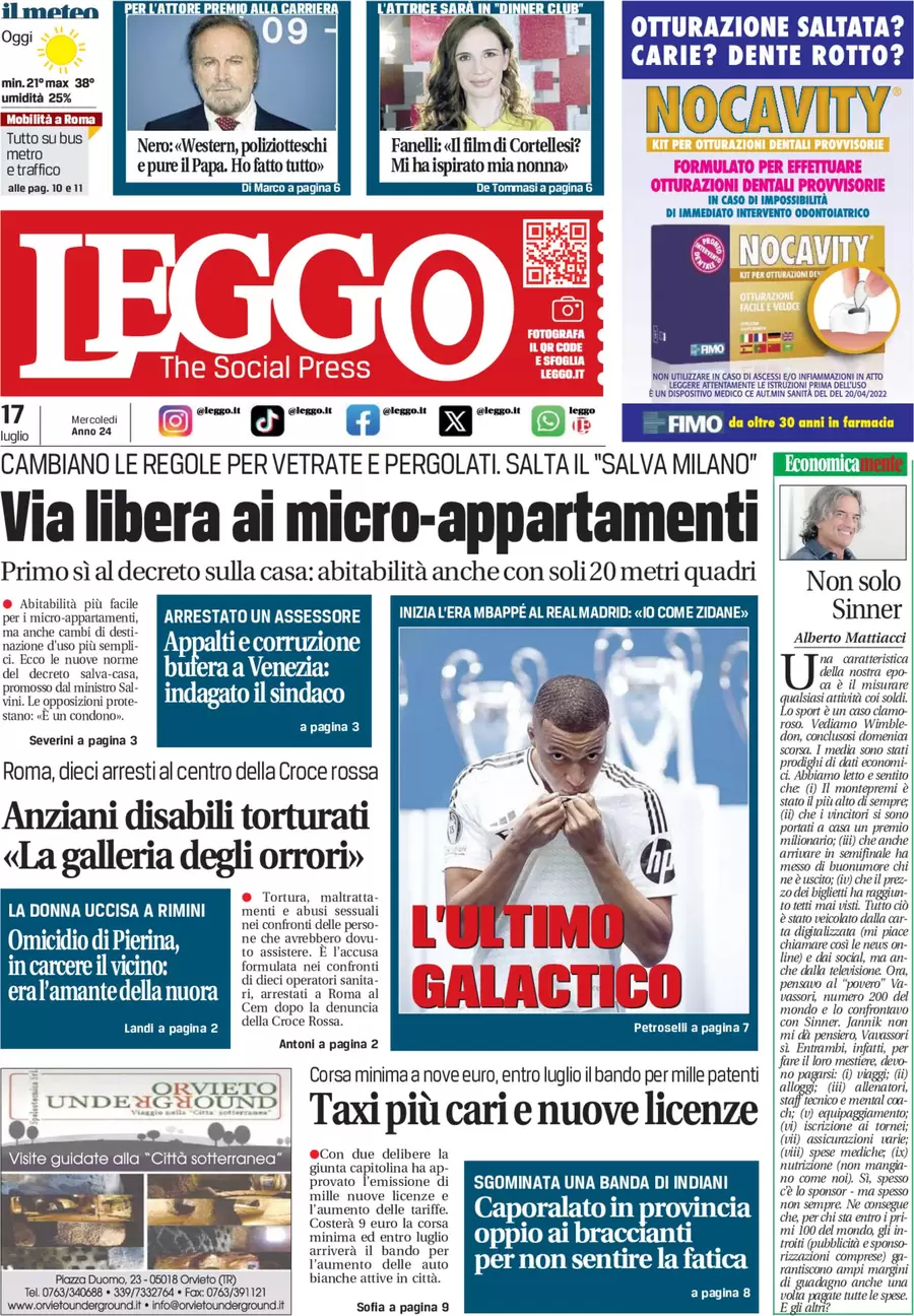 anteprima della prima pagina di leggo-roma del 17/07/2024