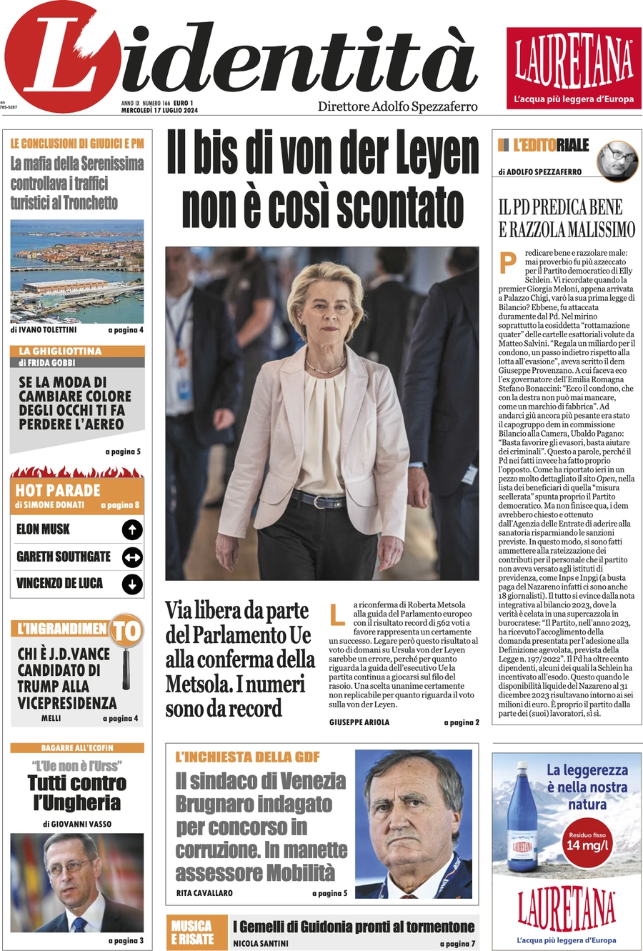 anteprima della prima pagina di lidentit del 17/07/2024