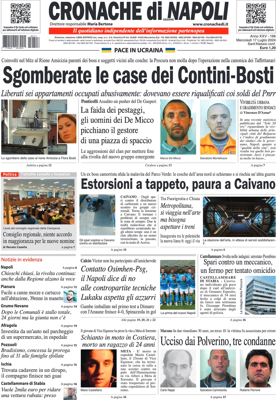 anteprima della prima pagina di cronache-di-napoli del 17/07/2024