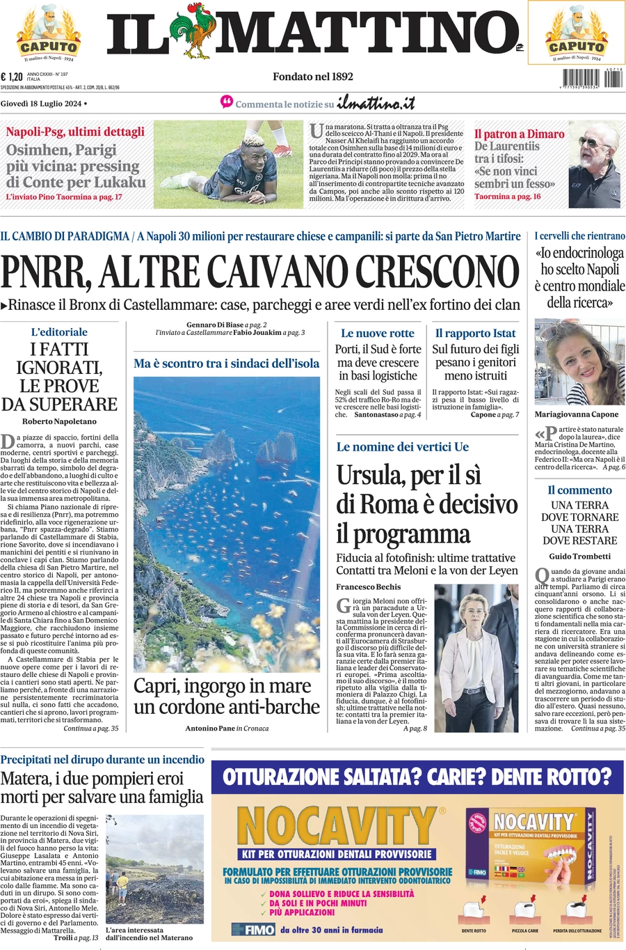 anteprima della prima pagina di il-mattino del 18/07/2024