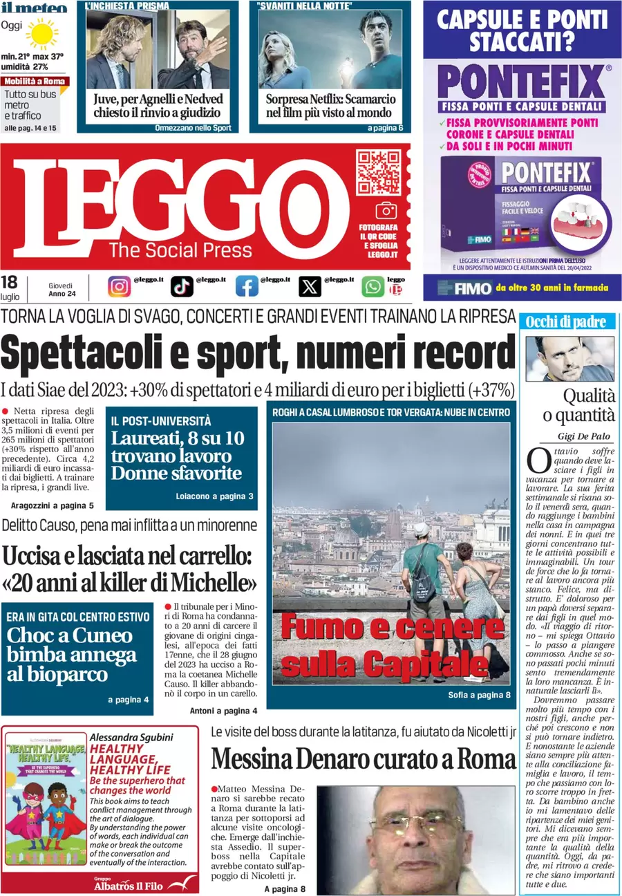 anteprima della prima pagina di leggo-roma del 18/07/2024