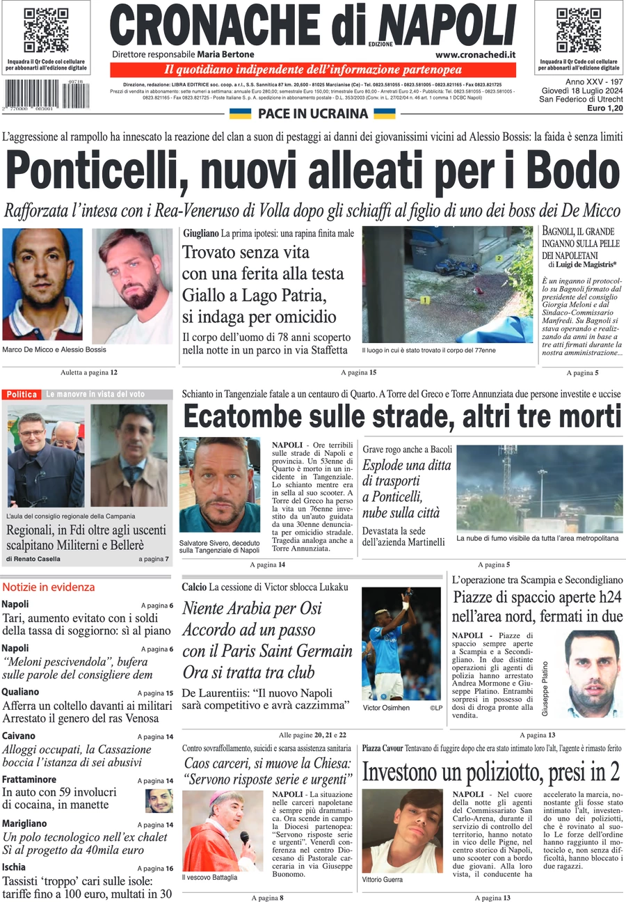 anteprima della prima pagina di cronache-di-napoli del 18/07/2024