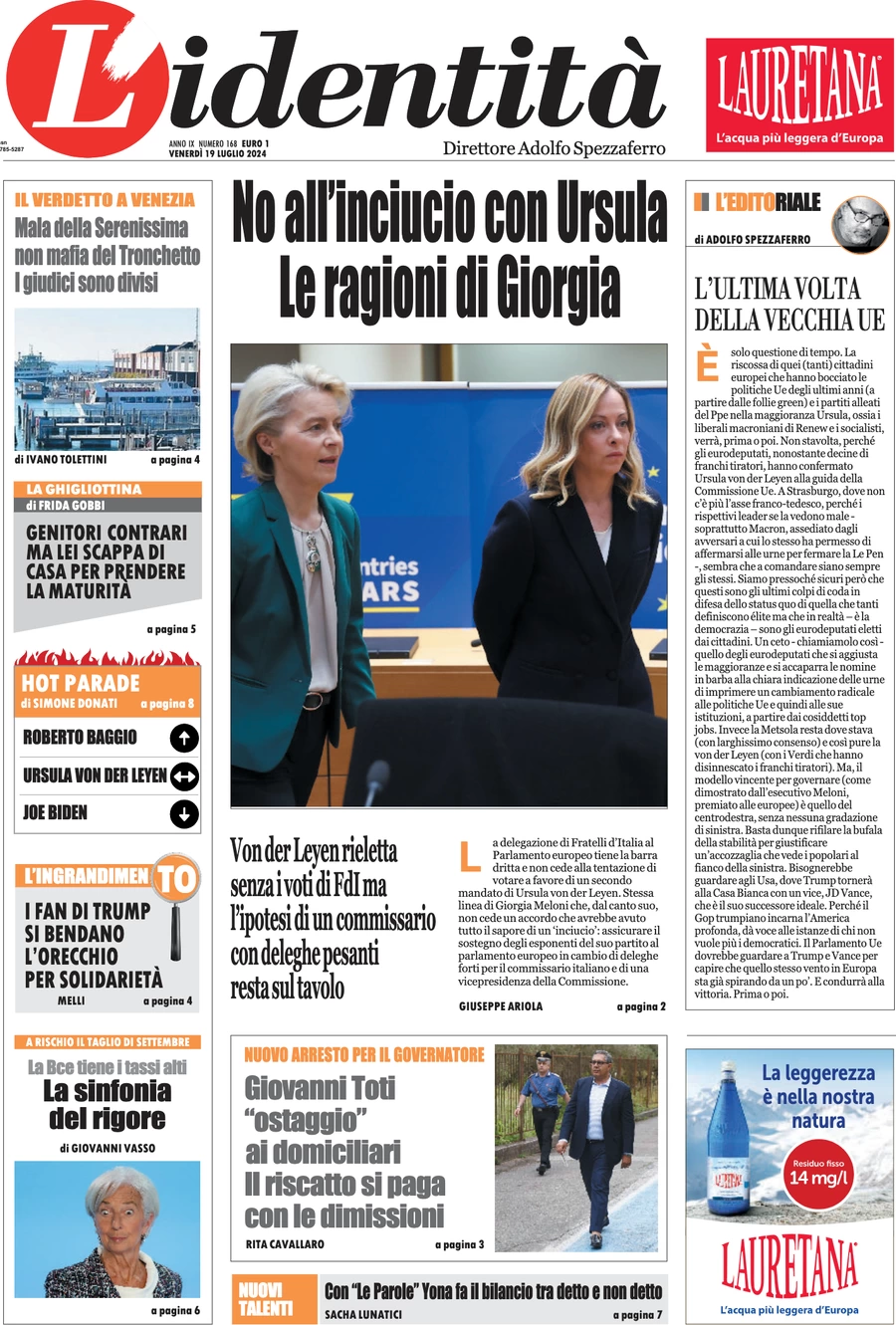 anteprima della prima pagina di lidentit del 18/07/2024