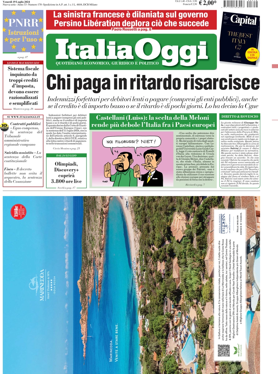 anteprima della prima pagina di italiaoggi del 19/07/2024