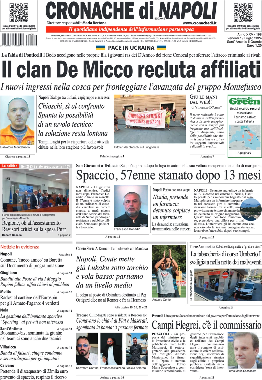 anteprima della prima pagina di cronache-di-napoli del 19/07/2024