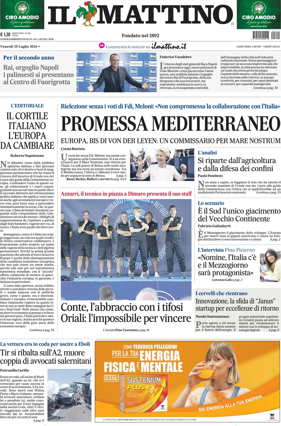 anteprima della prima pagina di il-mattino del 19/07/2024