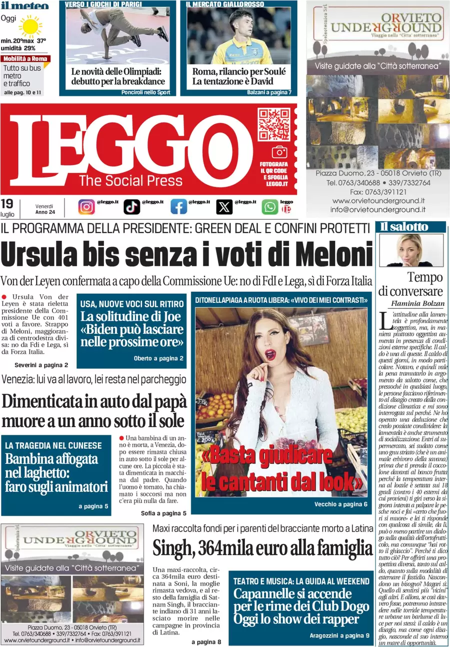 anteprima della prima pagina di leggo-roma del 19/07/2024