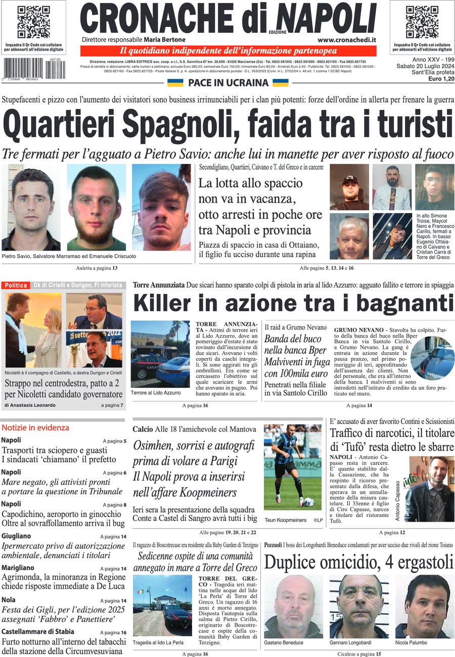 anteprima della prima pagina di cronache-di-napoli del 20/07/2024