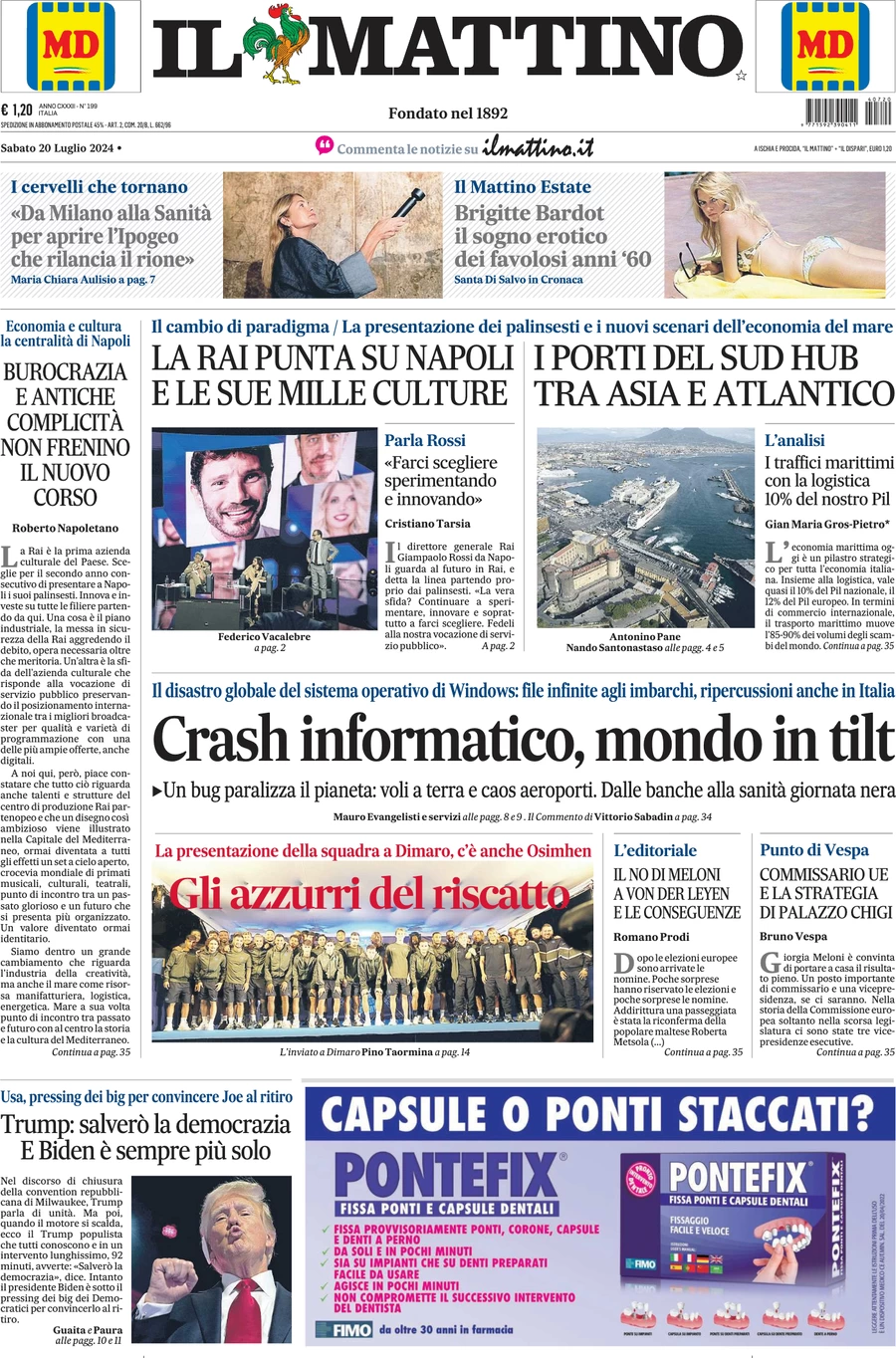 anteprima della prima pagina di il-mattino del 20/07/2024