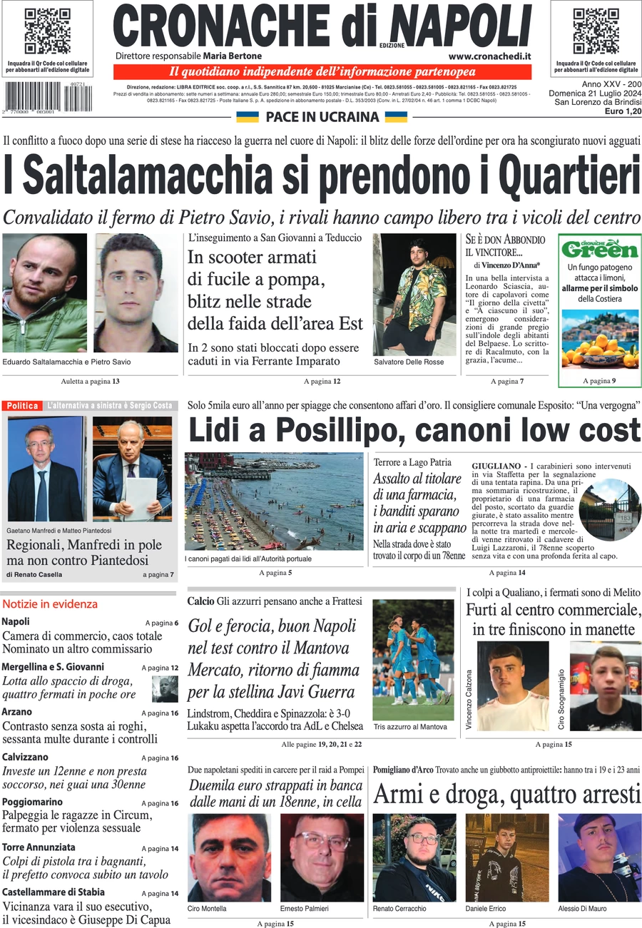 anteprima della prima pagina di cronache-di-napoli del 21/07/2024