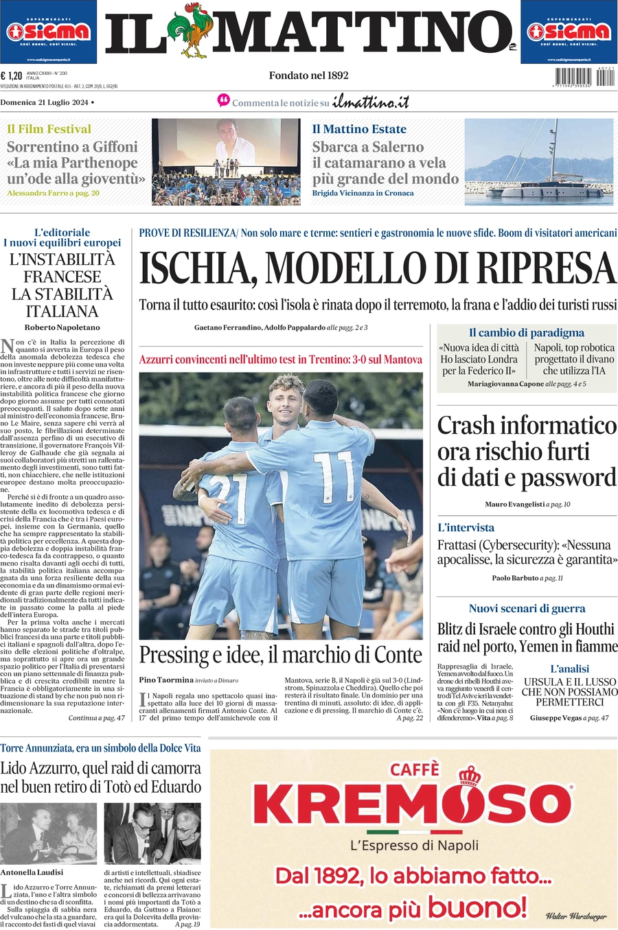 anteprima della prima pagina di il-mattino del 21/07/2024