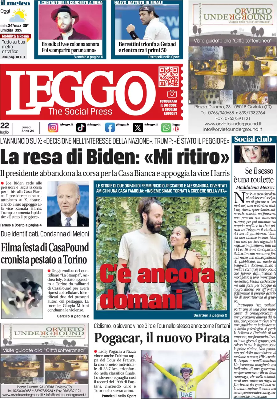 anteprima della prima pagina di leggo-roma del 22/07/2024