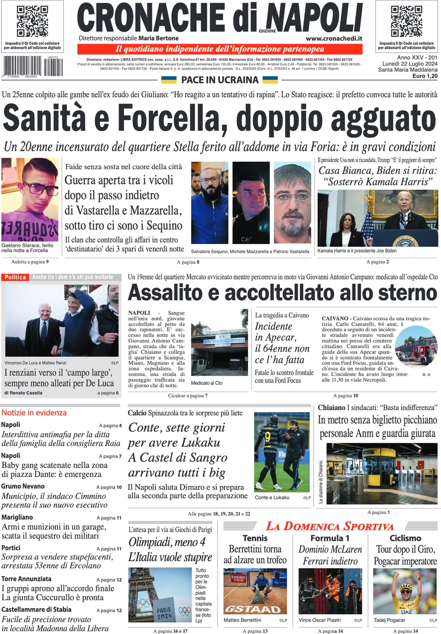 anteprima della prima pagina di cronache-di-napoli del 22/07/2024