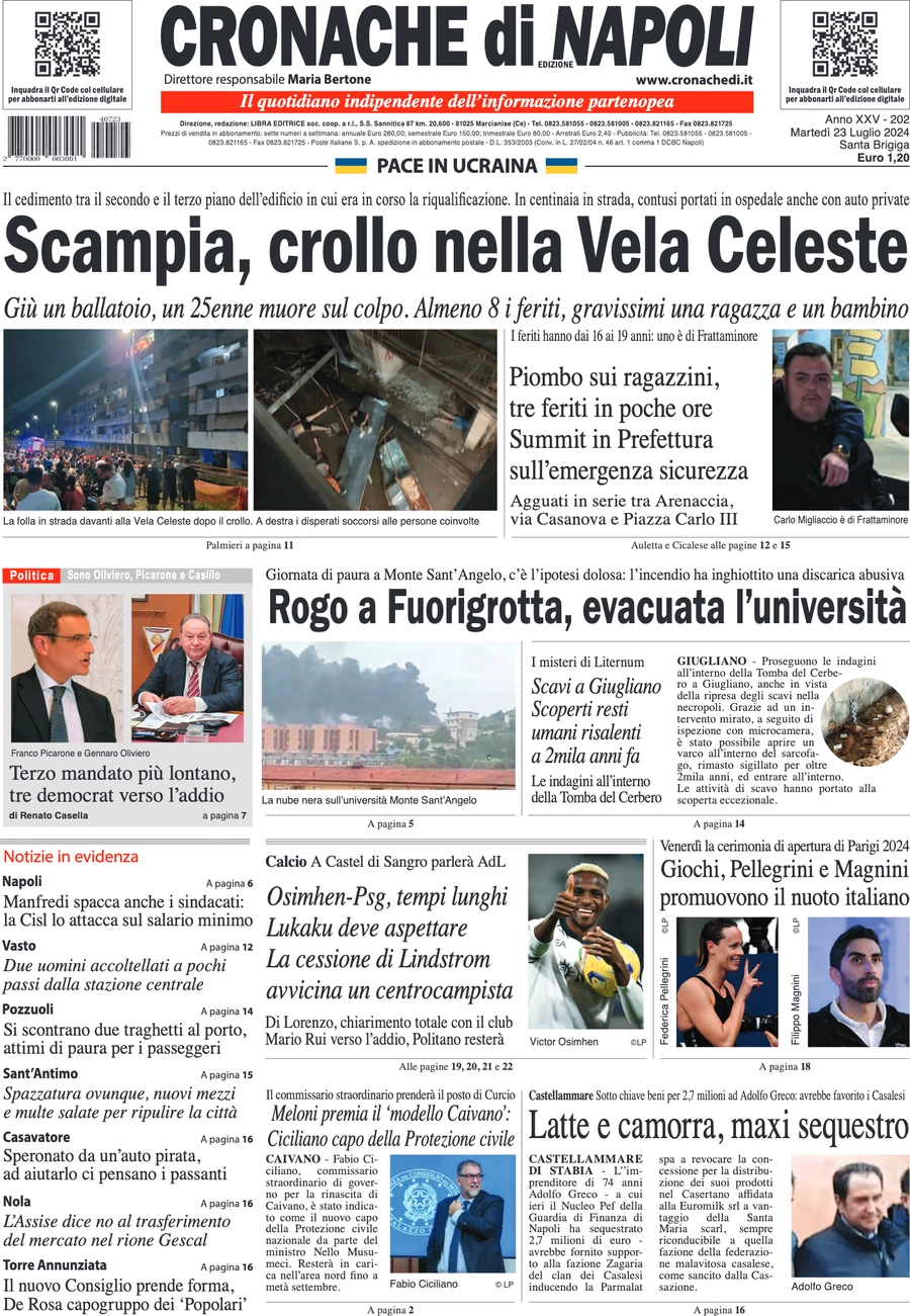 anteprima della prima pagina di cronache-di-napoli del 23/07/2024