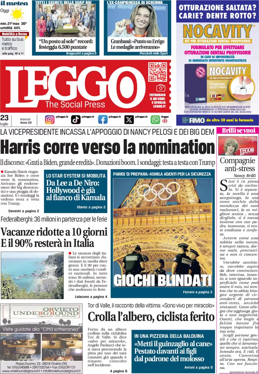 anteprima della prima pagina di leggo-roma del 23/07/2024