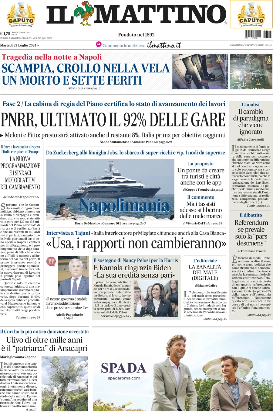 anteprima della prima pagina di il-mattino del 23/07/2024