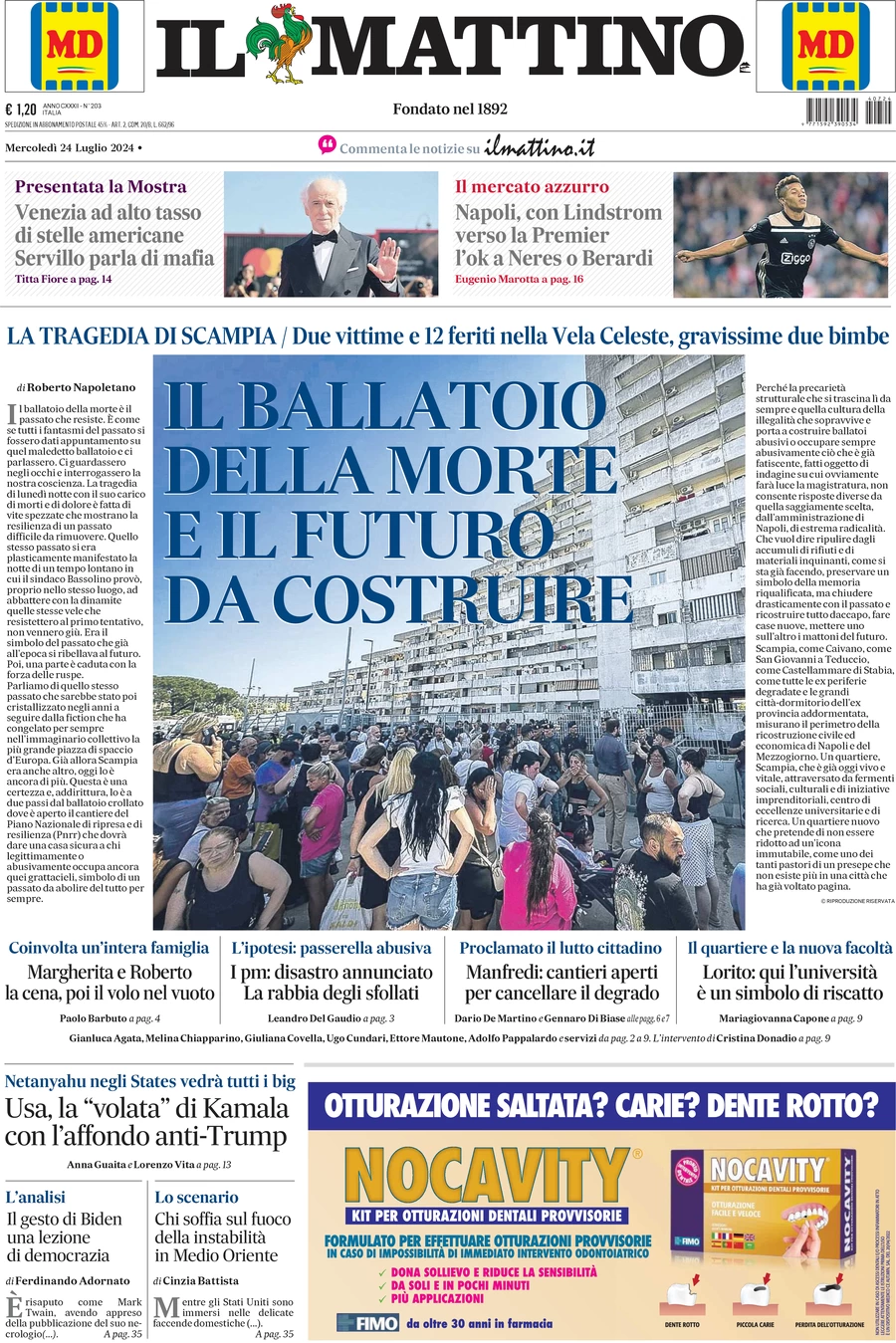 anteprima della prima pagina di il-mattino del 24/07/2024