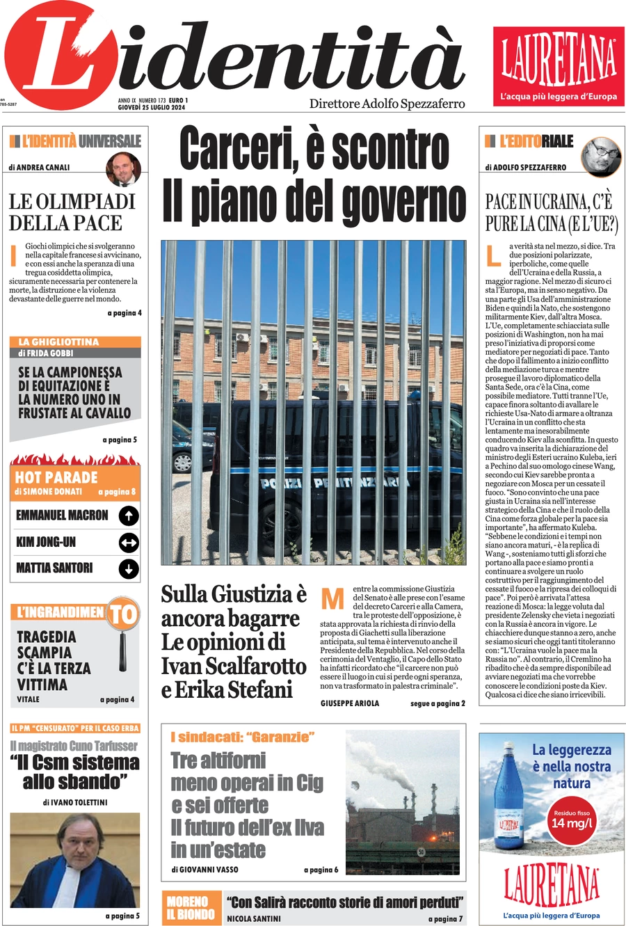 anteprima della prima pagina di lidentit del 24/07/2024