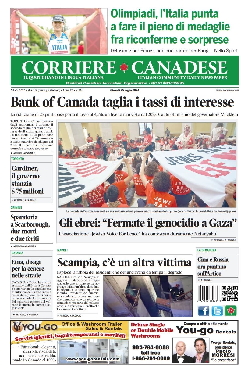 Anteprima prima pagina della rasegna stampa di ieri 2024-07-25 - corriere-canadese/