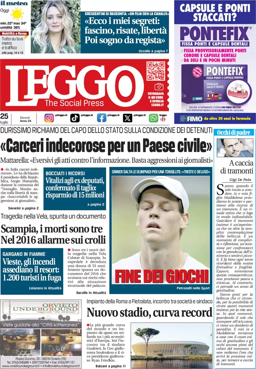 anteprima della prima pagina di leggo-roma del 25/07/2024