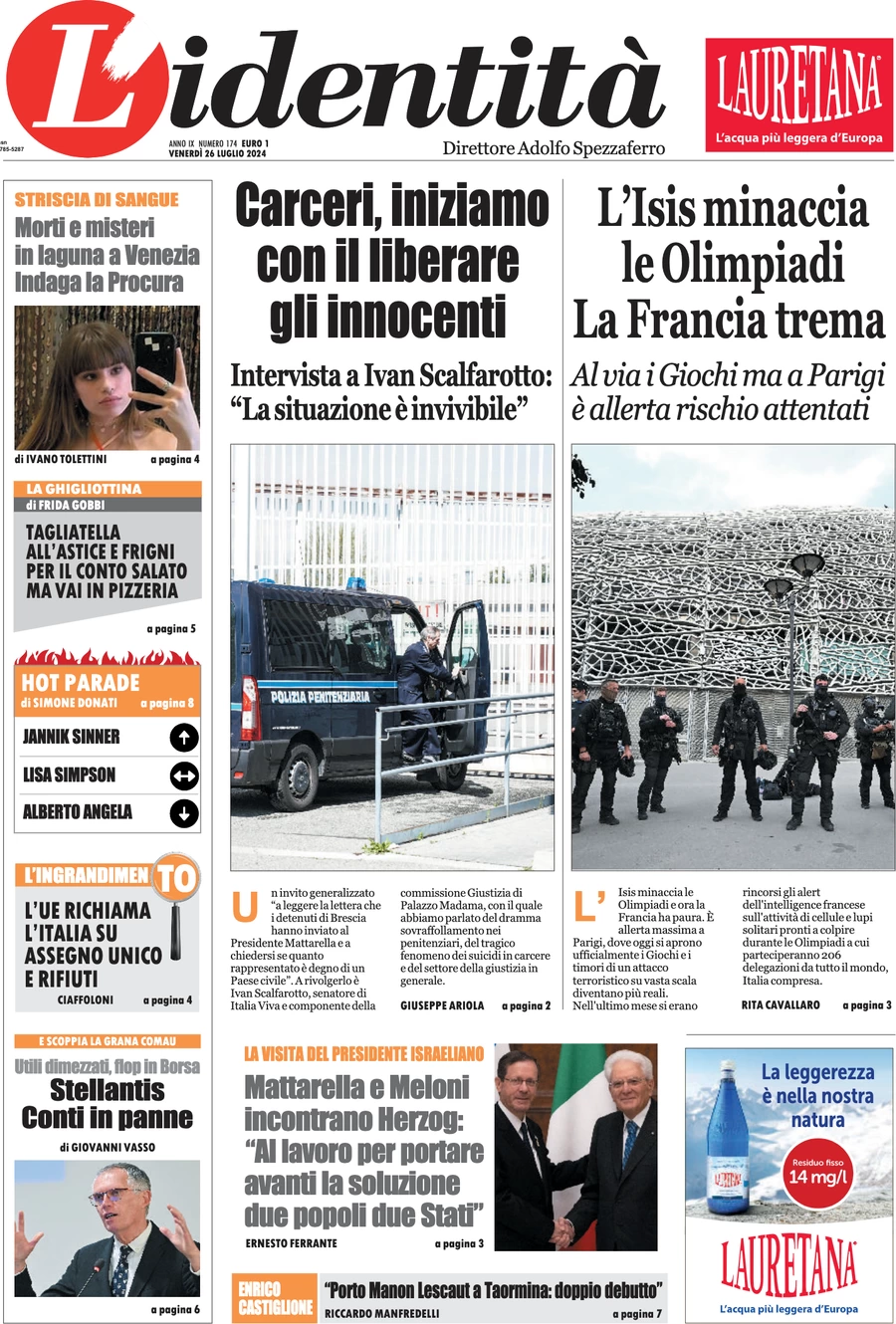 anteprima della prima pagina di lidentit del 25/07/2024